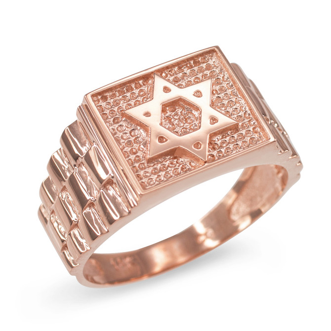 Rose Gold Star of David Watchband Design Mens Ring