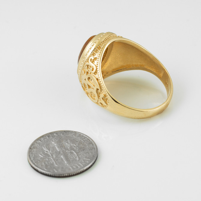 Gold Om Tiger Eye Oval Gemstone Mens Ring