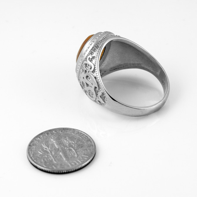 White Gold Om Tiger Eye Oval Gemstone Mens Ring