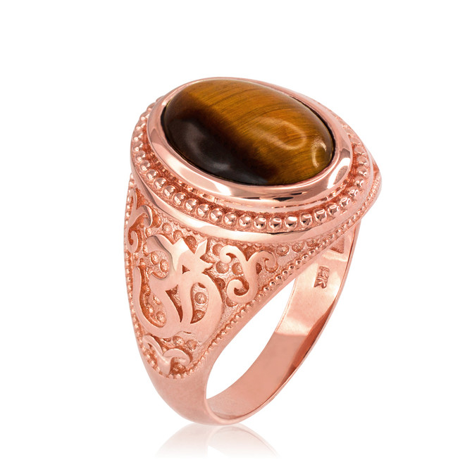 Rose Gold Om Tiger Eye Oval Gemstone Mens Ring