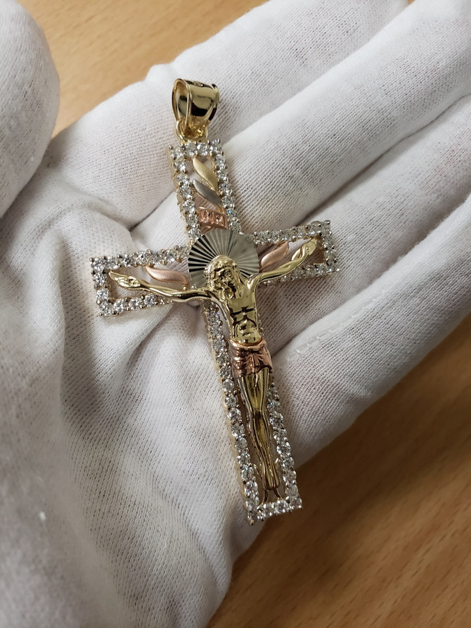 Tri-Tone Gold CZ Crucifix Pendant