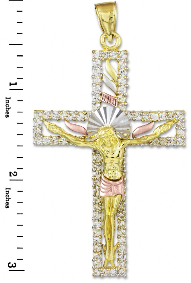 Tri-Tone Gold CZ Crucifix Pendant