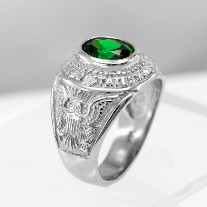 White Gold US Army Mens CZ Birthstone Ring