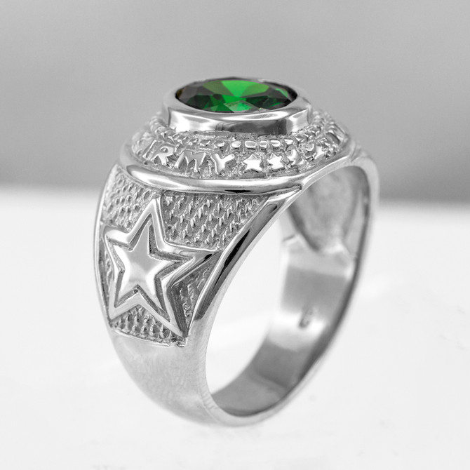 White Gold US Army Mens CZ Birthstone Ring