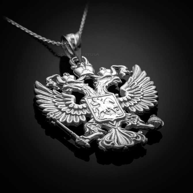 White Gold Russian Imperial Coat of Arms Double-Headed Eagle Slavic Pendant Necklace