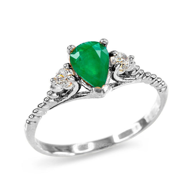 White Gold Rope Band Emerald White Topaz Stackable Promise Ring
