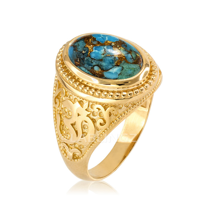 Gold Om Ring.
Men's Gold Turquoise Ring.