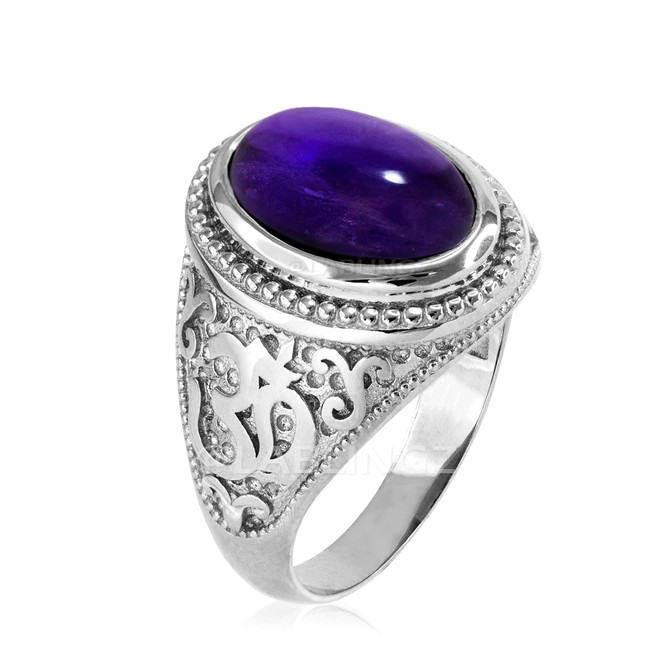 White Gold Om (Aum) Oval Amethyst Cabochon Yoga Ring