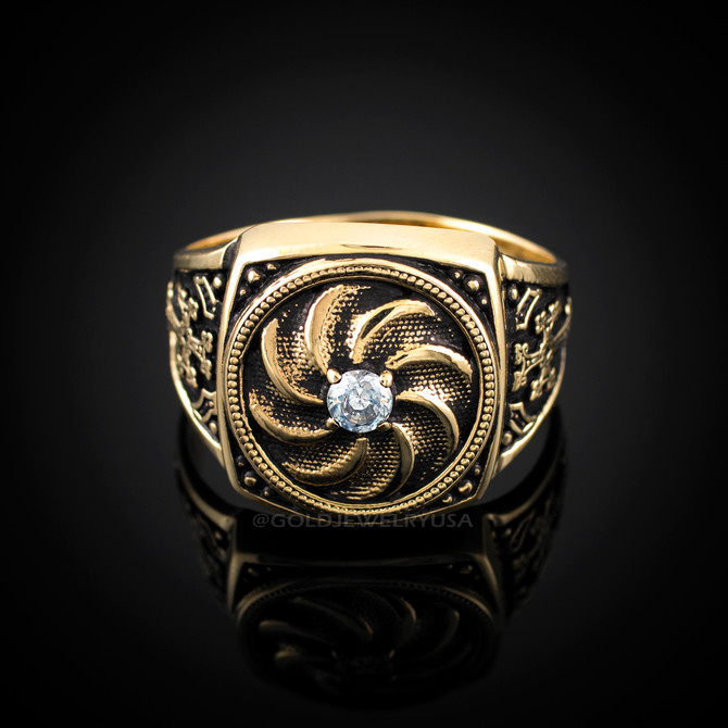 Gold Armenian Eternity Shield Mens Khachkar Cross Diamond Ring