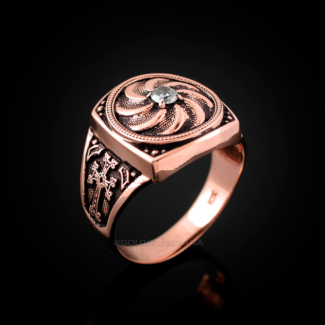Rose Gold Armenian Eternity Shield Mens Khachkar Cross Diamond Ring