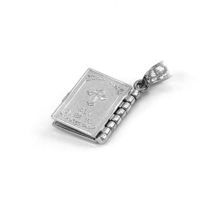 White Gold English Holy Bible 3D Christian Book Pendant Necklace