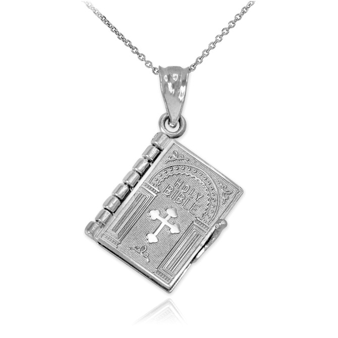 White Gold English Holy Bible 3D Christian Book Pendant Necklace