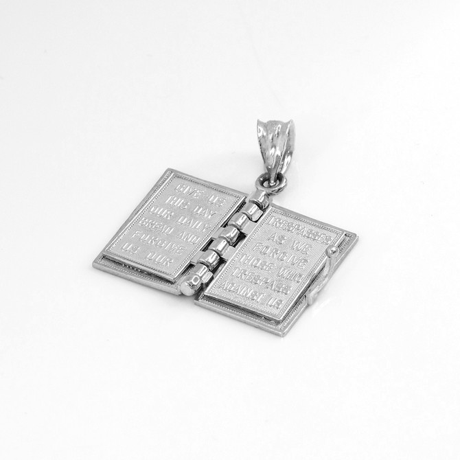 White Gold English Holy Bible 3D Christian Book Pendant Necklace