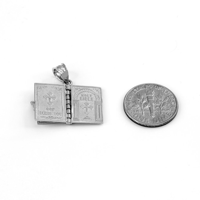 White Gold English Holy Bible 3D Christian Book Pendant Necklace