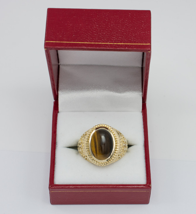 Yellow Gold Jerusalem Cross Tiger Eye Gemstone Statement Ring