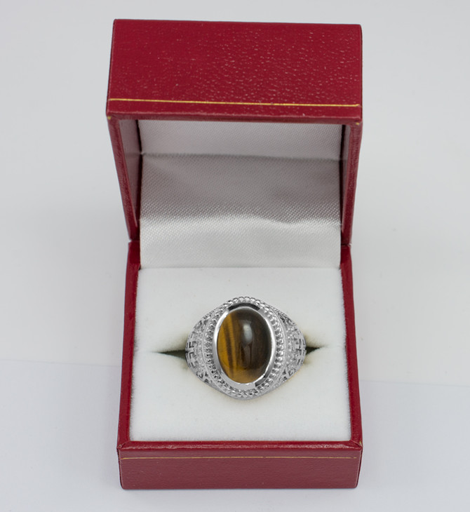 White Gold Jerusalem Cross Tiger Eye Gemstone Statement Ring