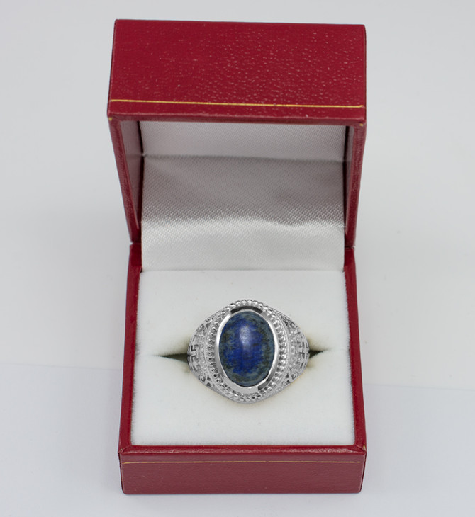 White Gold Jerusalem Cross Lapis Lazuli Gemstone Statement Ring