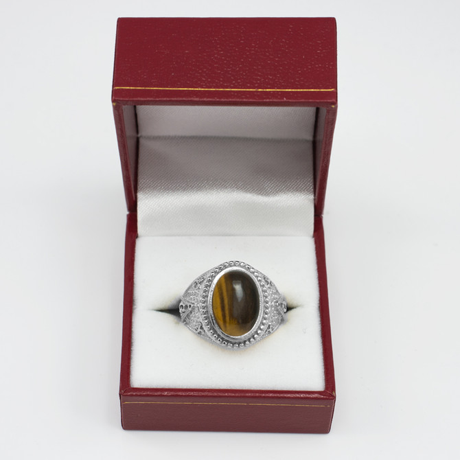 White Gold Masonic Tiger Eye Gemstone Statement Ring