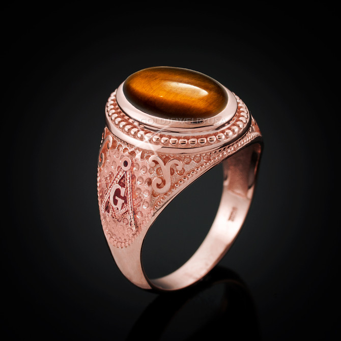 Rose Gold Masonic Tiger Eye Gemstone Statement Ring