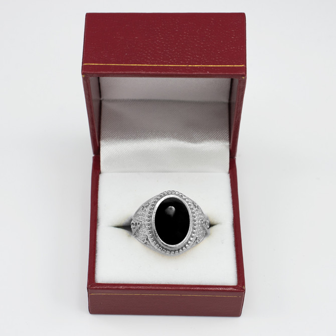 White Gold Masonic Onyx Gemstone Statement Ring