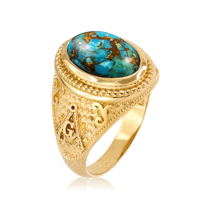 Yellow Gold Masonic Blue Copper Turquoise Statement Ring