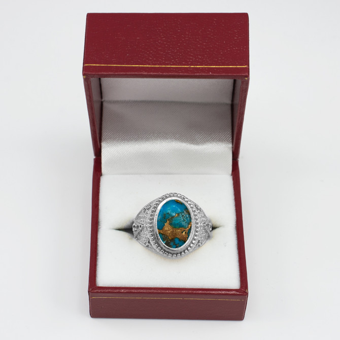 White Gold Masonic Blue Copper Turquoise Statement Ring