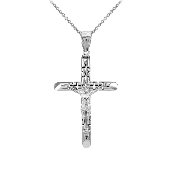 White Gold Crucifix Tube Cross Pendant Necklace