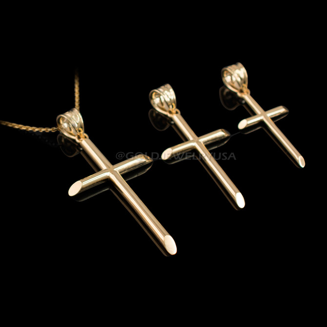 Polished Gold Plain Tube Cross Charm Necklace (S/M/L)