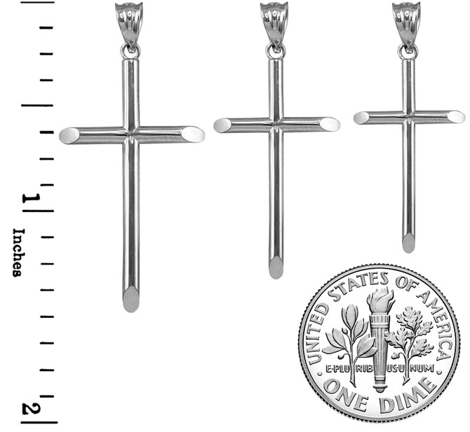 Polished White Gold Plain Tube Cross Charm Necklace (S/M/L)