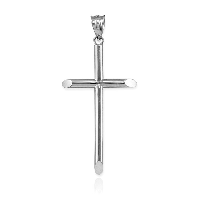 Polished White Gold Plain Tube Cross Charm Necklace (S/M/L)