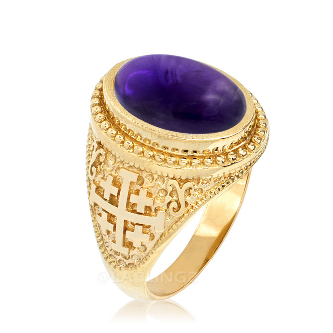 Gold Jerusalem Cross Purple Amethyst Cabochon Statement Ring