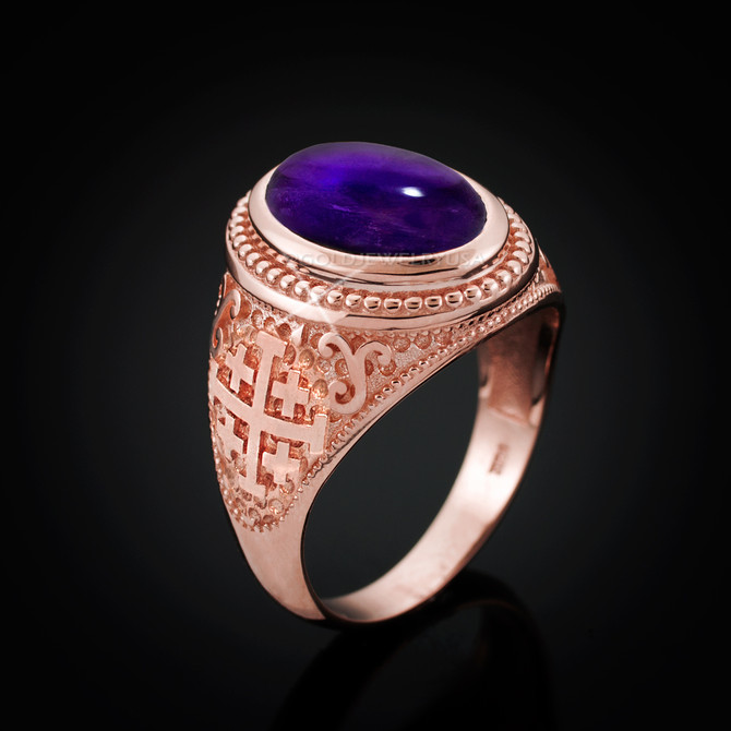 Rose Gold Jerusalem Cross Purple Amethyst Cabochon Statement Ring
