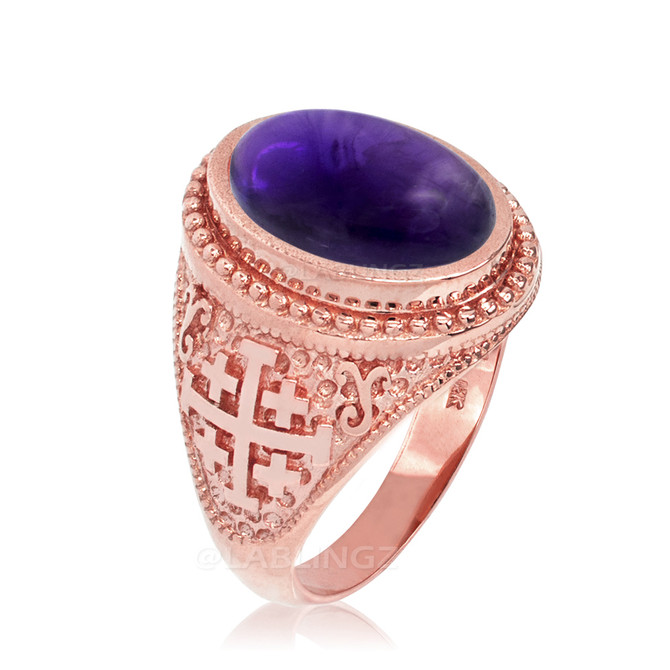 Rose Gold Jerusalem Cross Purple Amethyst Cabochon Statement Ring