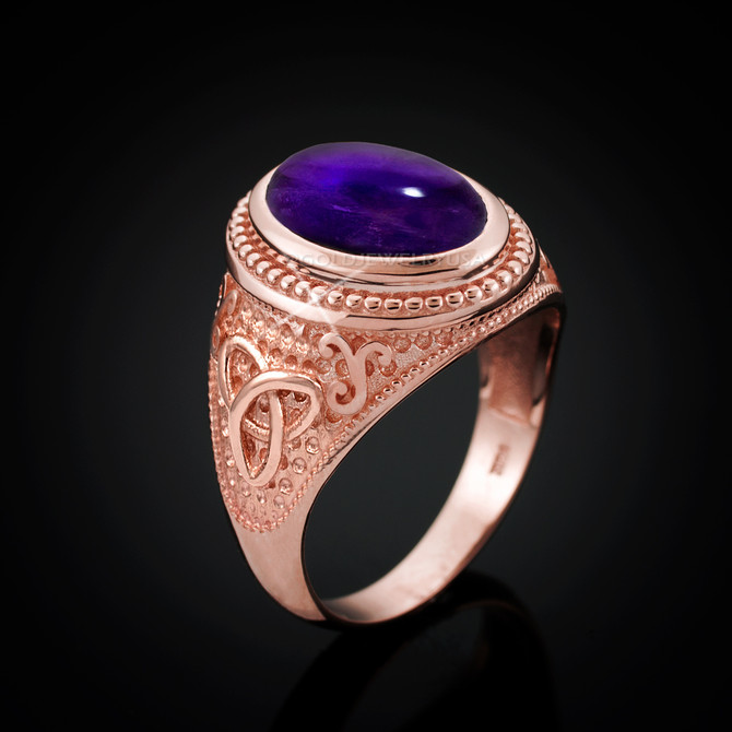 Rose Gold Celtic Knot Band Purple Amethyst Cabochon Statement Ring