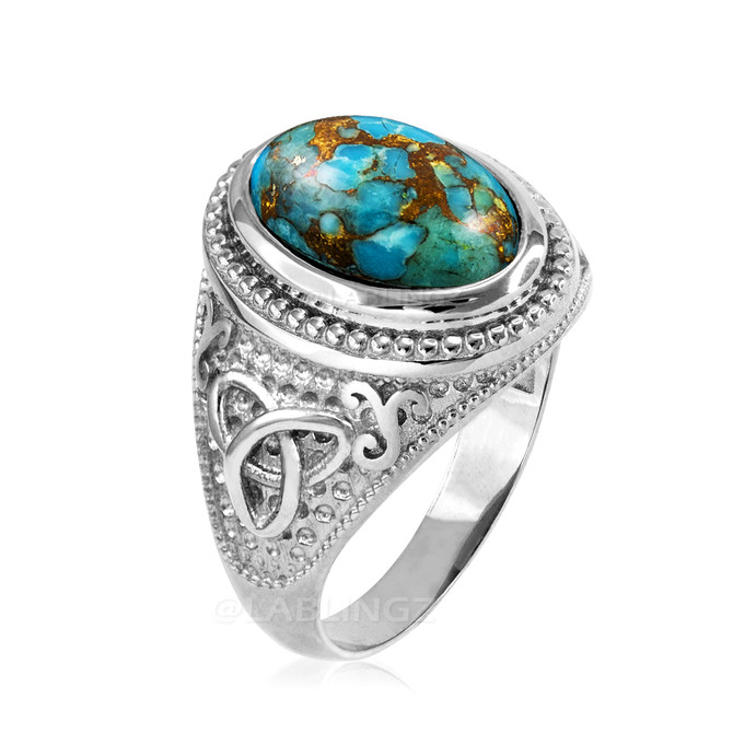 White Gold Celtic Knot Blue Copper Turquoise Statement Ring