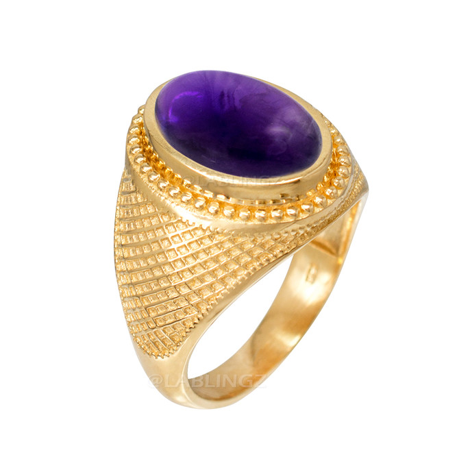Yellow Gold Textured Band Purple Amethyst Cabochon Statement Ring