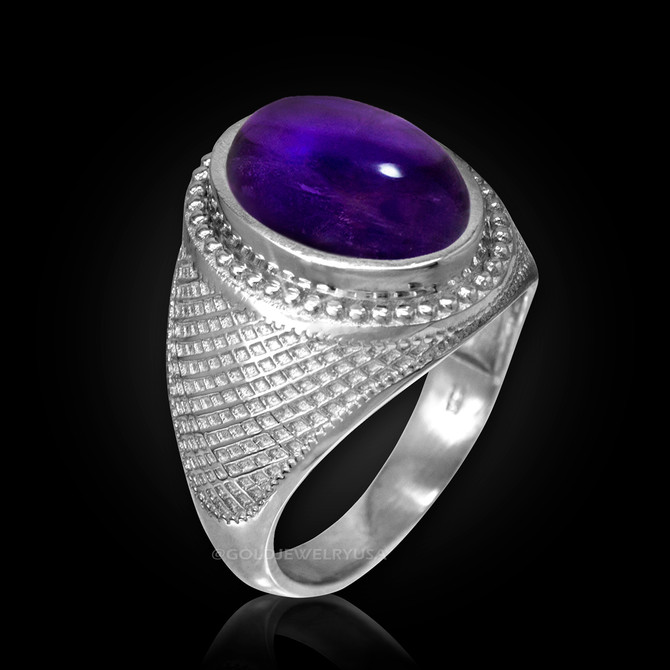 White Gold Textured Band Purple Amethyst Cabochon Statement Ring
