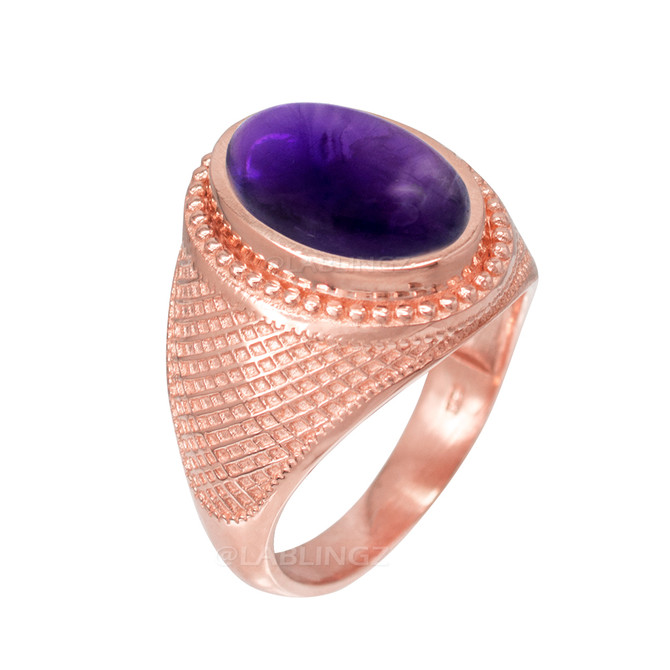 Rose Gold Textured Band Purple Amethyst Cabochon Statement Ring