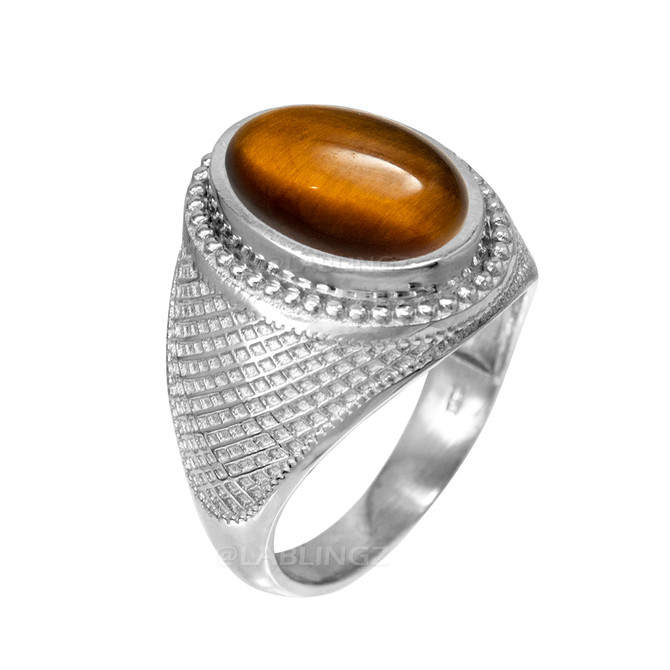 White Gold Textured Band Tiger Eye Cabochon Statement Ring