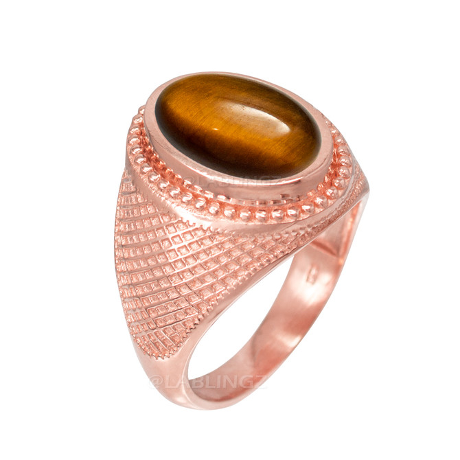Rose Gold Textured Band Tiger Eye Cabochon Statement Ring