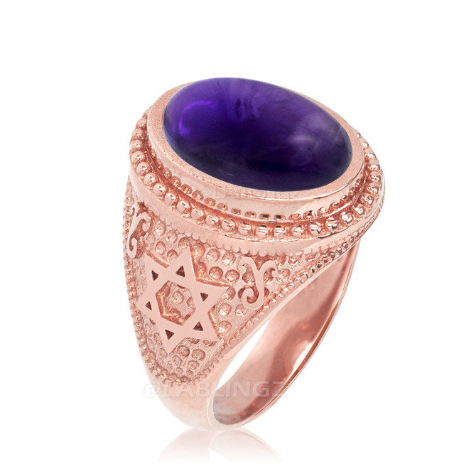 Rose Gold Star of David Purple Amethyst Cabochon Statement Ring