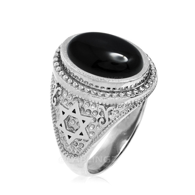 White Gold Star of David Black Onyx Jewish Statement Ring