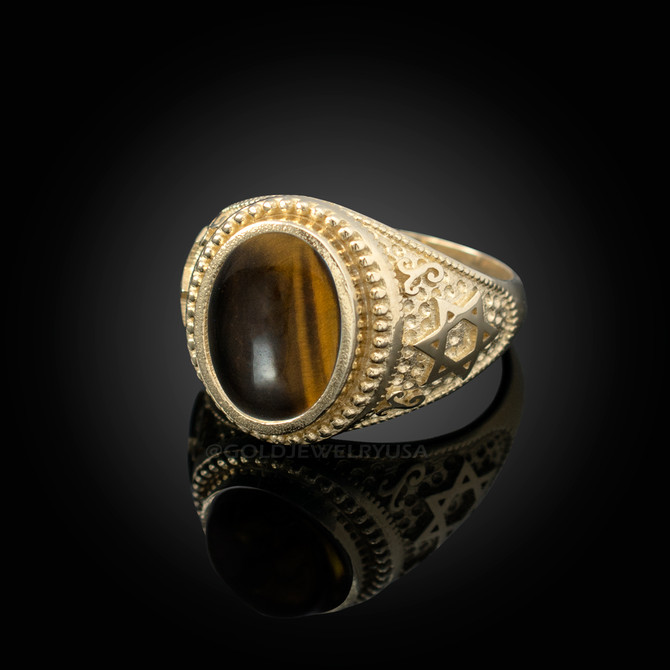 Gold Star of David Tiger Eye Gemstone Jewish Statement Ring