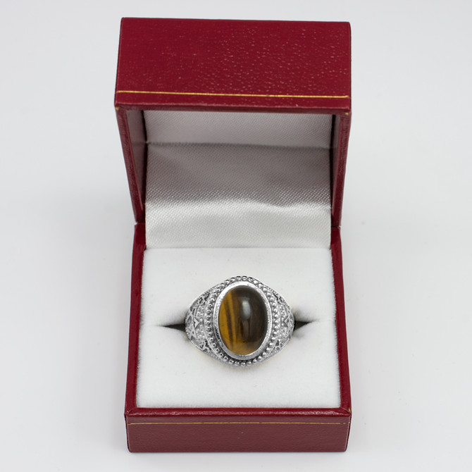 White Gold Star of David Tiger Eye Gemstone Jewish Statement Ring