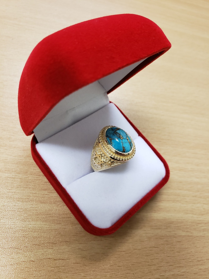 Gold Star of David Blue Copper Turquoise Jewish Statement Ring