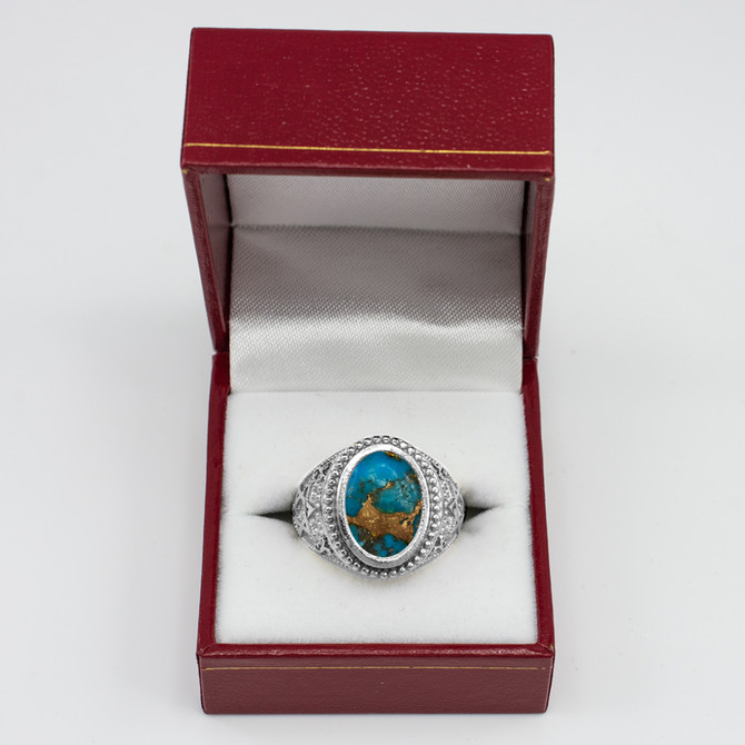 White Gold Star of David Blue Copper Turquoise Jewish Statement Ring