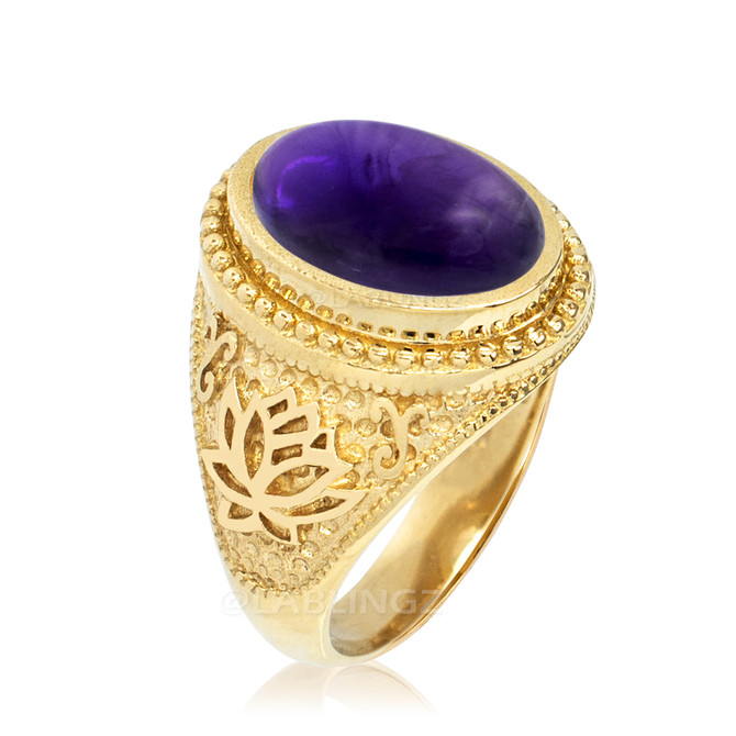 Gold Lotus Yoga Mantra Oval Amethyst Cabochon Statement Ring