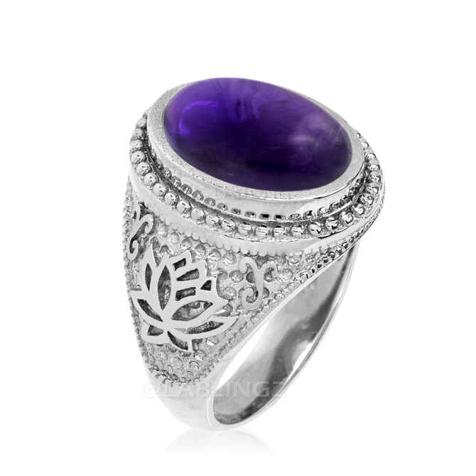 White Gold Lotus Yoga Mantra Oval Amethyst Cabochon Statement Ring