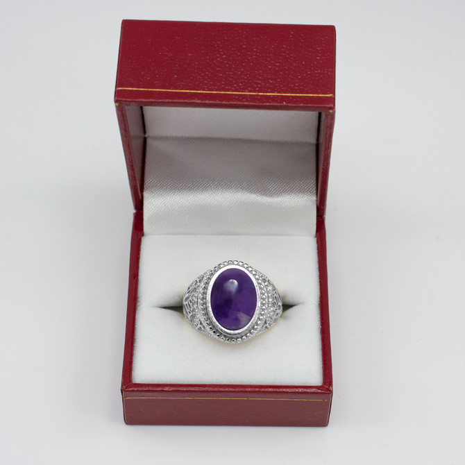 White Gold Lotus Yoga Mantra Oval Amethyst Cabochon Statement Ring