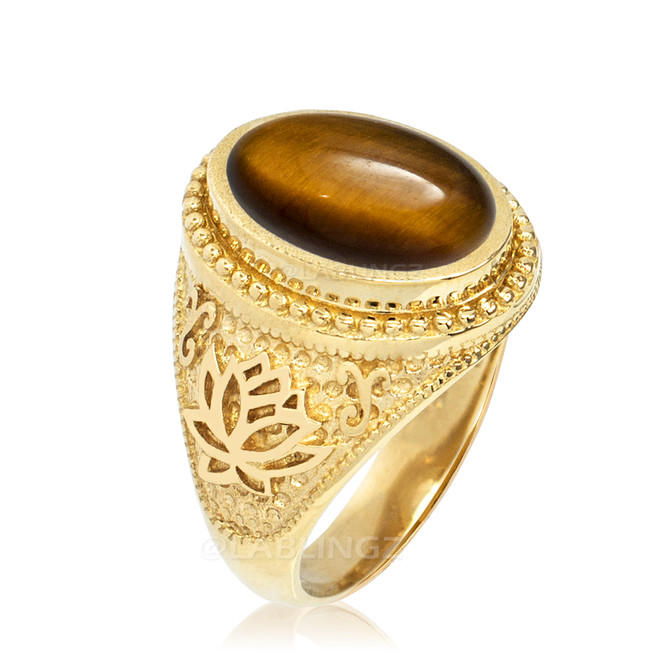 Gold Lotus Yoga Tiger Eye Gemstone Statement Ring